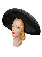 Load image into Gallery viewer, 1940s MEGA Black Raffia/Straw Halo Hat With Rhinestones
