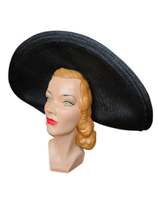 1940s MEGA Black Raffia/Straw Halo Hat With Rhinestones
