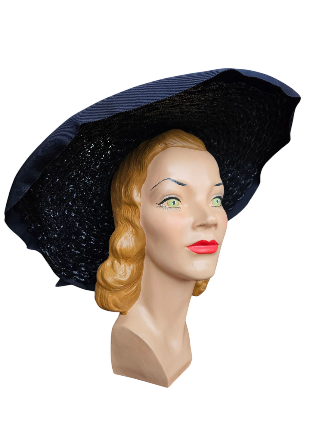 1940s Navy Blue Huge Halo Raffia/Straw Hat