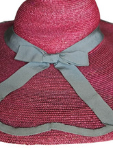 Load image into Gallery viewer, 1940s Dark Dusky Pink and Duck Egg Blue Huge Fedora Straw/Raffia Hat
