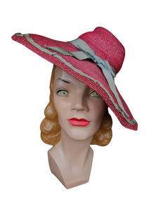 1940s Dark Dusky Pink and Duck Egg Blue Huge Fedora Straw/Raffia Hat