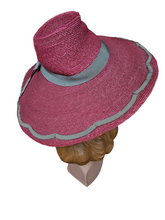 Load image into Gallery viewer, 1940s Dark Dusky Pink and Duck Egg Blue Huge Fedora Straw/Raffia Hat
