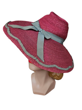 Load image into Gallery viewer, 1940s Dark Dusky Pink and Duck Egg Blue Huge Fedora Straw/Raffia Hat
