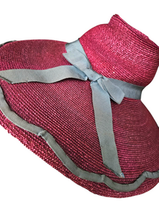 1940s Dark Dusky Pink and Duck Egg Blue Huge Fedora Straw/Raffia Hat