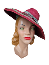 Load image into Gallery viewer, 1940s Dark Dusky Pink and Duck Egg Blue Huge Fedora Straw/Raffia Hat
