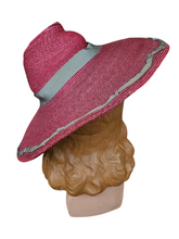 Load image into Gallery viewer, 1940s Dark Dusky Pink and Duck Egg Blue Huge Fedora Straw/Raffia Hat
