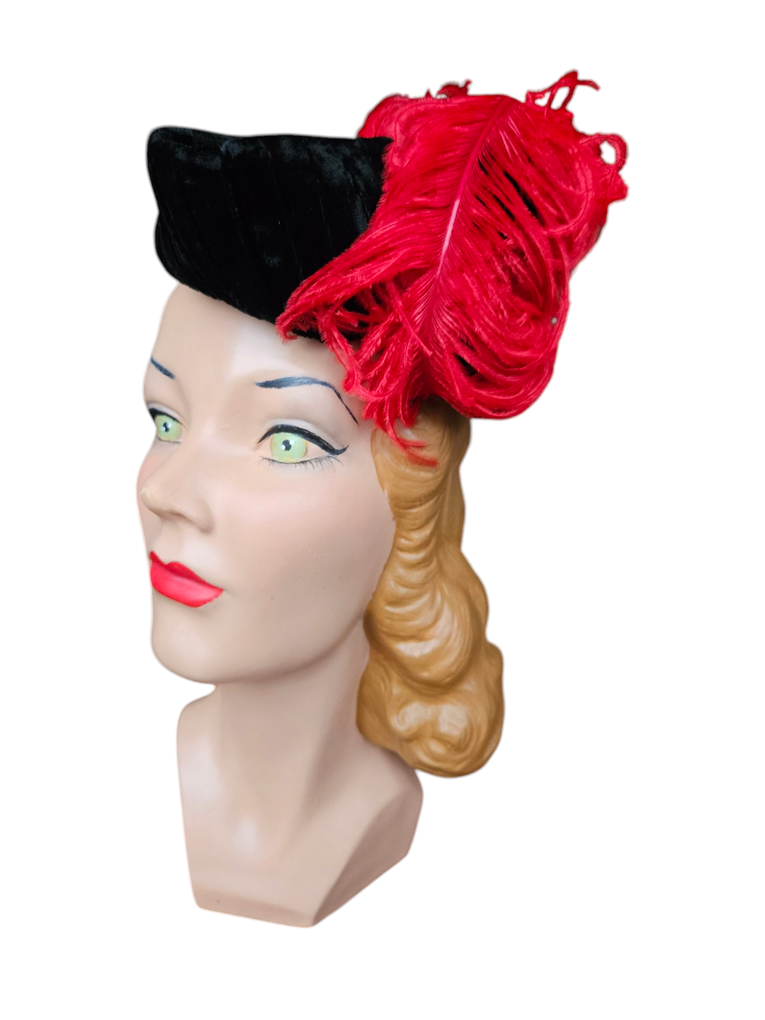 ADORABLE 1940s\' BLACK TILT HAT + RED FEATHERS & VEIL Vintage 1940s black straw hat with taffeta ribbon, wired  main image 4