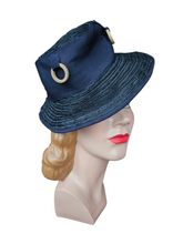 Load image into Gallery viewer, 1940s Navy Blue Raffia Tilt Hat With Wood Rings
