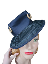 Load image into Gallery viewer, 1940s Navy Blue Raffia Tilt Hat With Wood Rings
