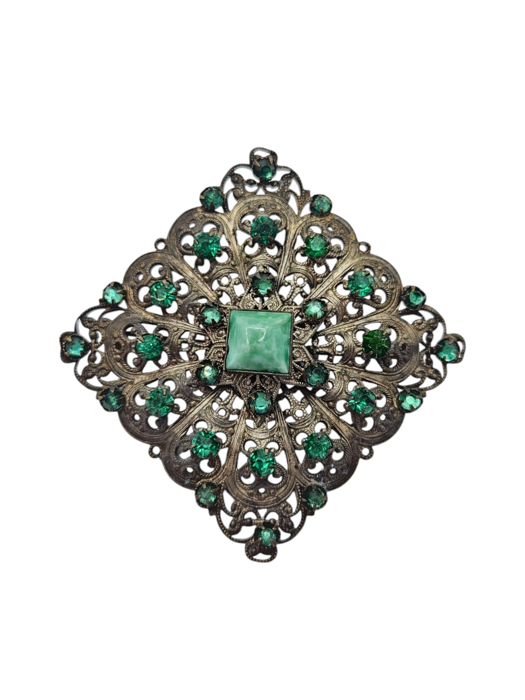 1930s Mega Czech Green Glass Filigree Brooch