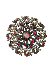 1930s Czech Filigree Huge Red Glass Brooch