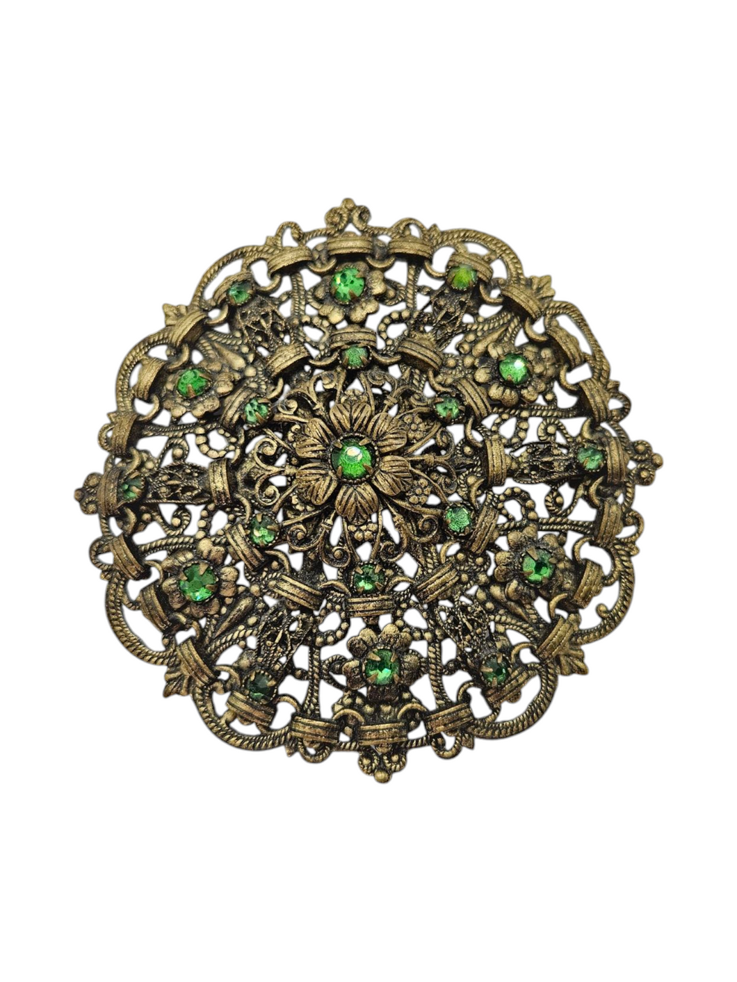 1930s Czech Huge Green Glass Filigree Brooch