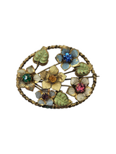 Load image into Gallery viewer, 1930s Czech Bright Glass and Enamel Multicoloured Flower Leaf Brooch
