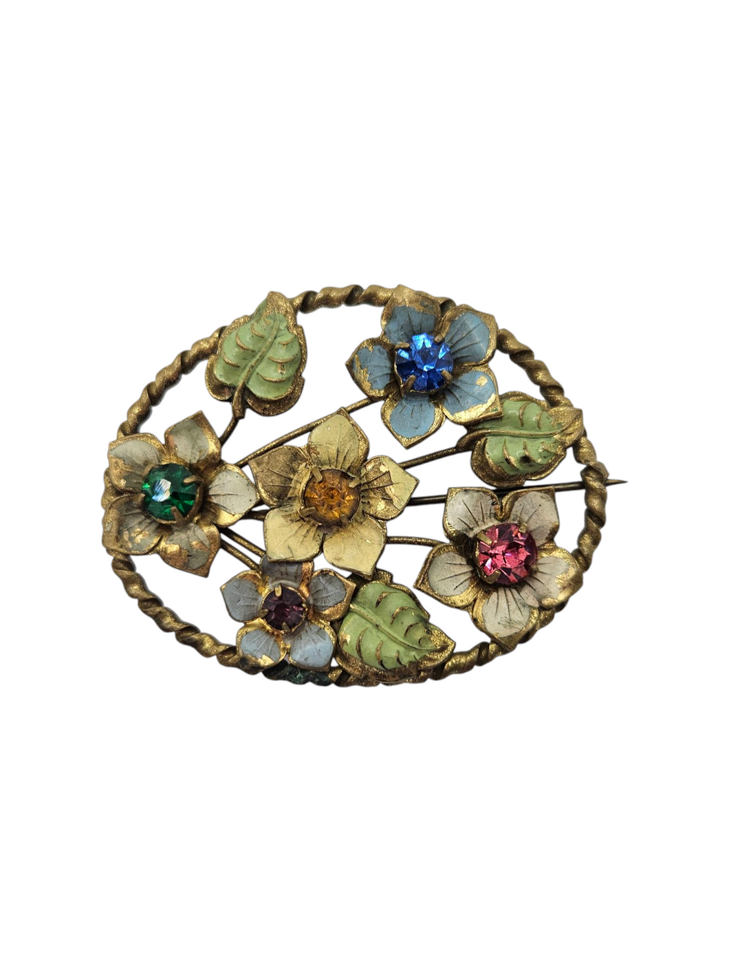 1930s Czech Bright Glass and Enamel Multicoloured Flower Leaf Brooch