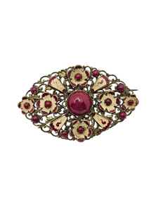 1930s Czech Red Glass Filigree Brooch