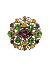 Load image into Gallery viewer, 1930s Huge Purple, Green, Orange and Brown Czech Glass Filigree Brooch
