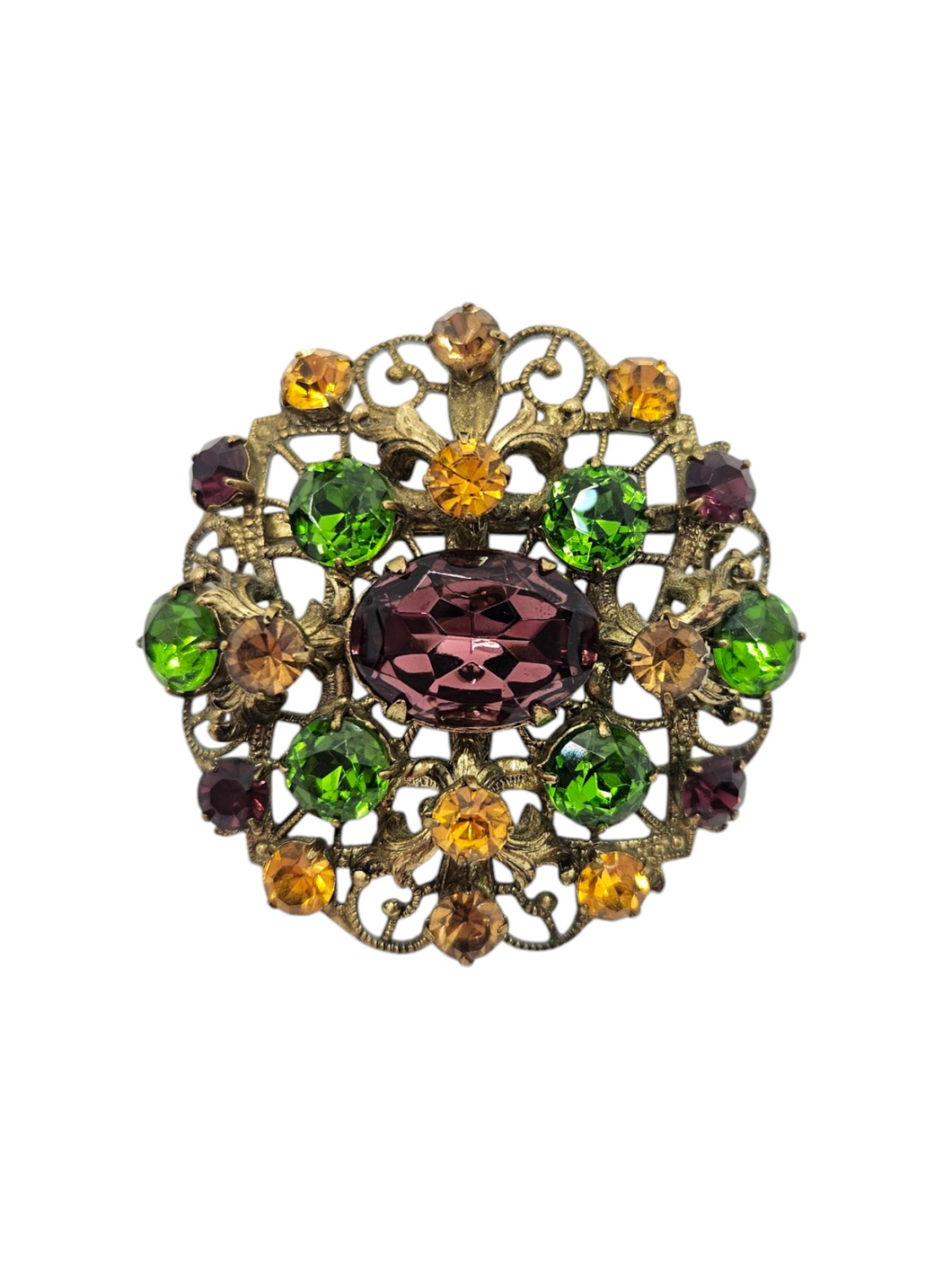 1930s Huge Purple, Green, Orange and Brown Czech Glass Filigree Brooch