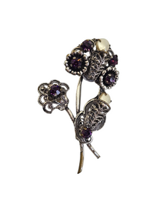 1930s Czech Purple Glass Faux Pearl Filigree Flower Brooch