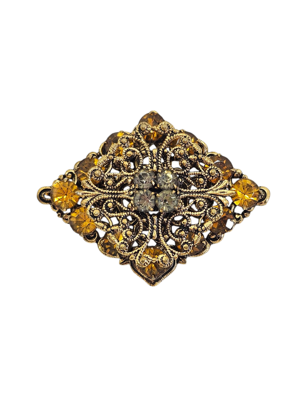 1930s Czech Yellow Clear Glass Filigree Brooch