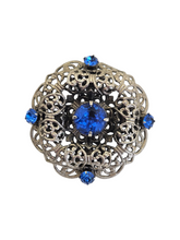 Load image into Gallery viewer, 1930s Huge Czech Blue Glass Filigree Brooch
