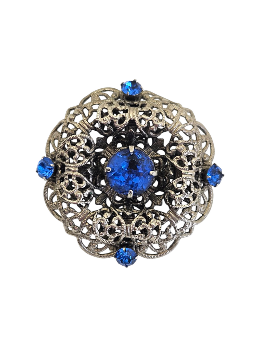1930s Huge Czech Blue Glass Filigree Brooch