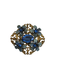 1930s Czech Blue Glass Enamel Flower Brooch
