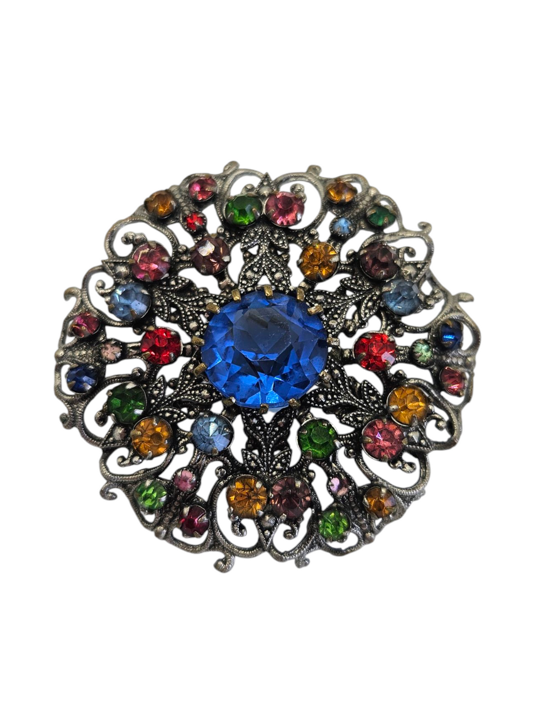1930s Czech Bright Multicoloured Glass Filigree Brooch