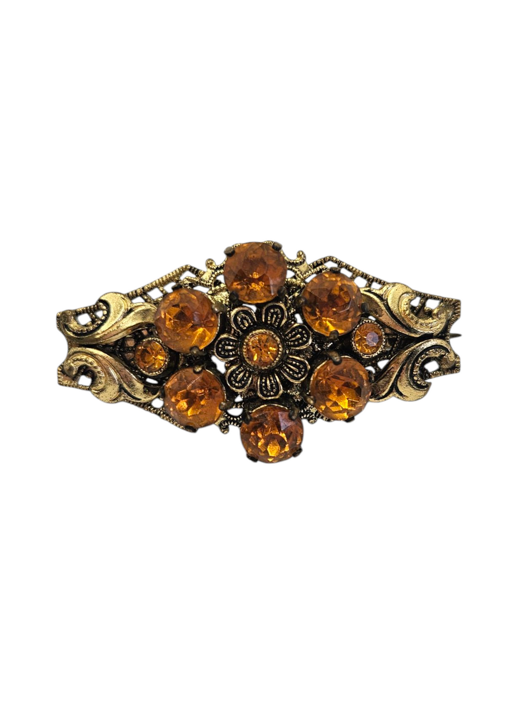 1930s Czech Bright Orange Glass Filigree Brooch