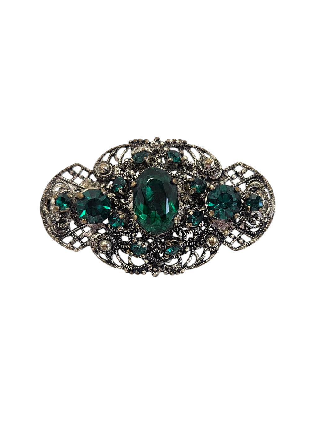 1930s Czech Green Glass Filigree Brooch