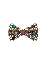 Load image into Gallery viewer, 1930s Czech Gold Tone Filigree Glass Bow Brooch
