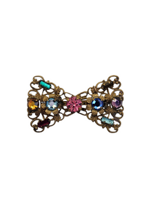 1930s Czech Gold Tone Filigree Glass Bow Brooch