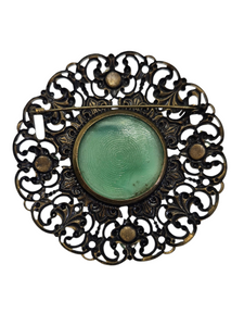 1930s Czech Huge Green Glass Filigree Brooch