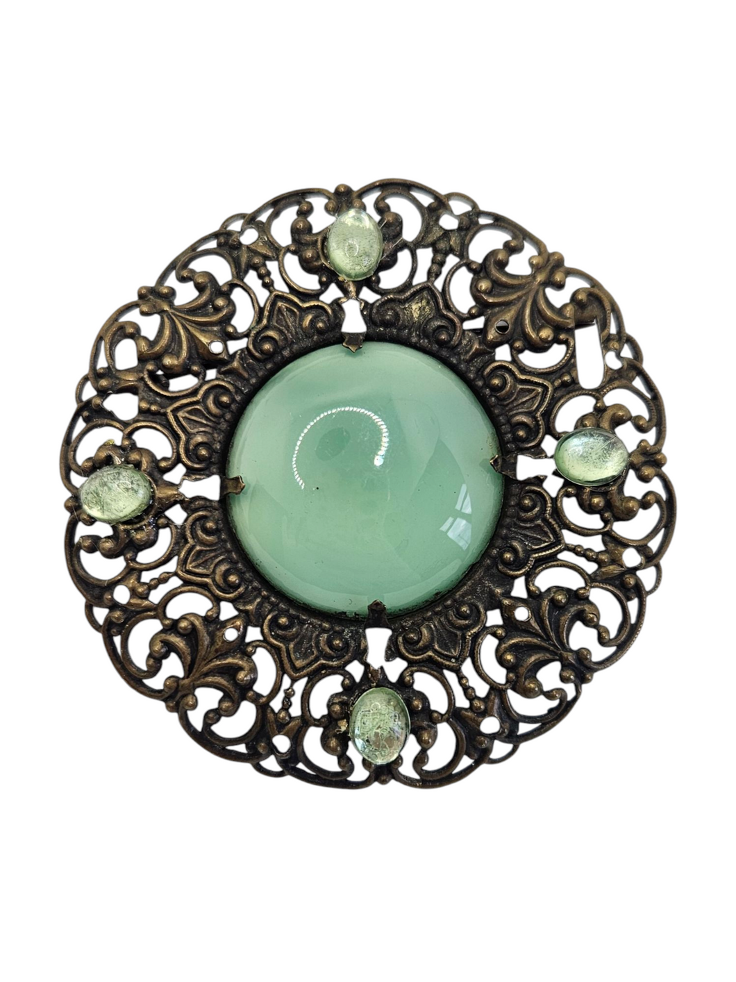 1930s Czech Huge Green Glass Filigree Brooch