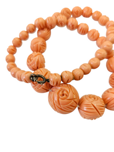 1940s Carved Coral Pink Galalith Necklace