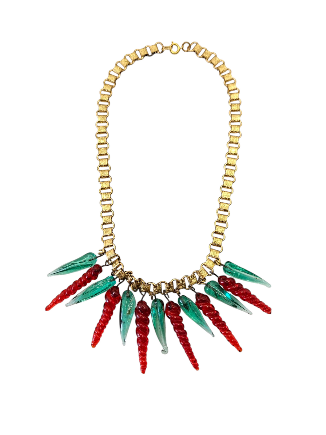 1940s Rare Turquoise and Red Glass Droplet Necklace