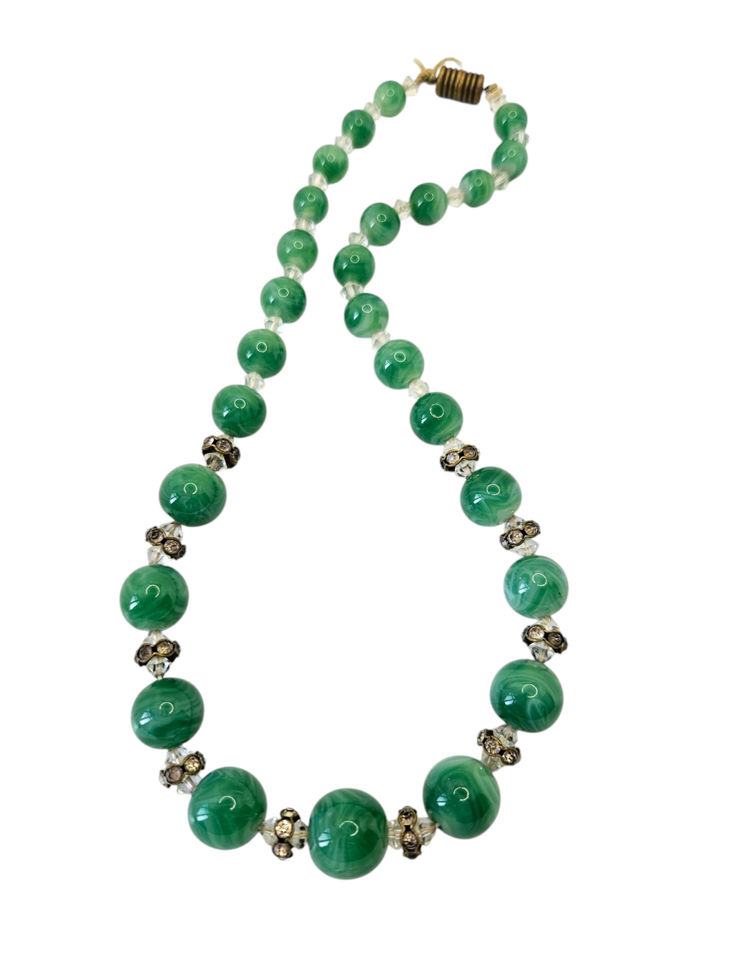 1930s Deco Green Marbled Glass and Rhinestone Necklace