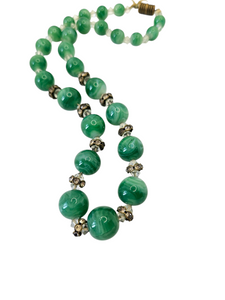 1930s Deco Green Marbled Glass and Rhinestone Necklace