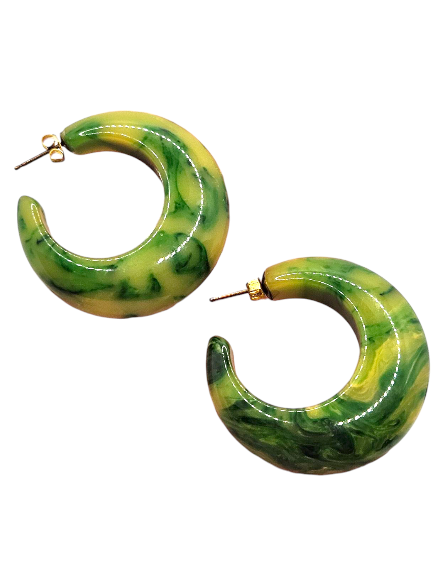 1940s Bright Green and Yellow Marbled Bakelite Hoop Earrings