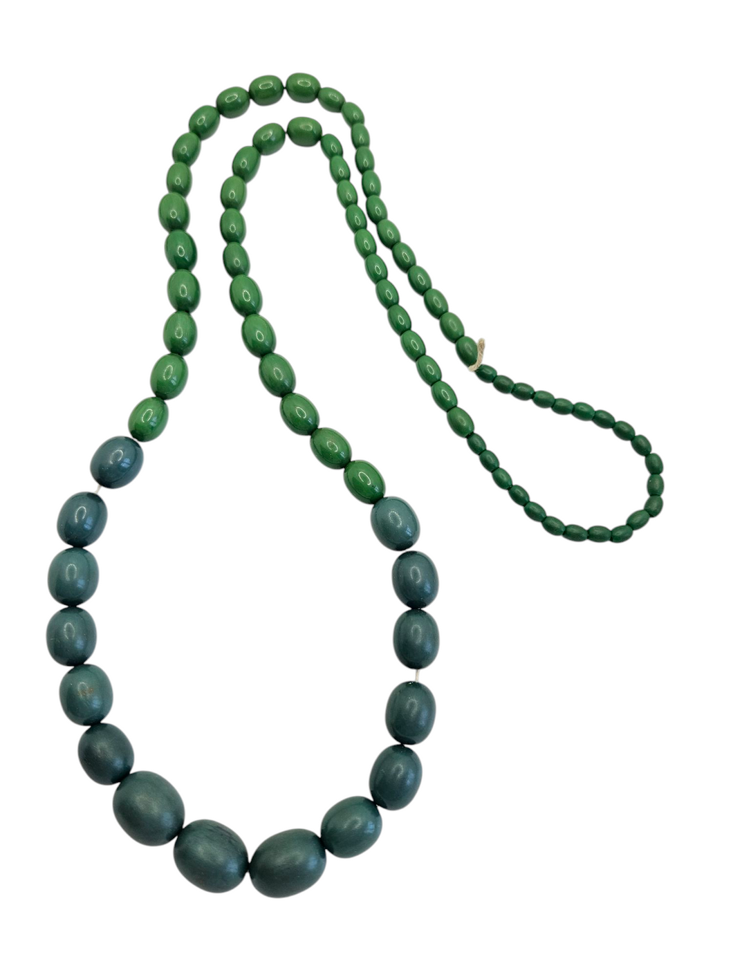 1940s Two Tone Green Galalith Long Beaded Necklace