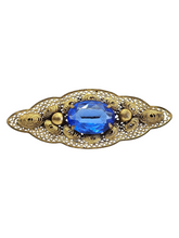 Load image into Gallery viewer, 1930s Czech Blue Glass Oval Filigree Brooch
