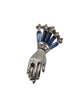 Load image into Gallery viewer, 1930s Art Deco Blue Glass and Chrome Hand Brooch
