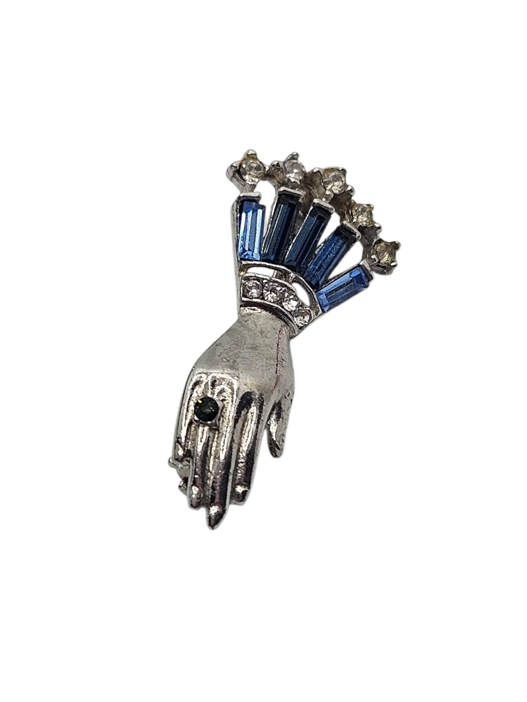 1930s Art Deco Blue Glass and Chrome Hand Brooch
