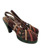 Load image into Gallery viewer, 1940s Rare Brown, Green, Cream and Tan Suede Platform Shoes
