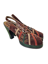 Load image into Gallery viewer, 1940s Rare Brown, Green, Cream and Tan Suede Platform Shoes
