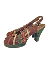 Load image into Gallery viewer, 1940s Rare Brown, Green, Cream and Tan Suede Platform Shoes

