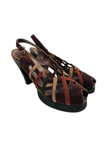 1940s Rare Brown, Green, Cream and Tan Suede Platform Shoes