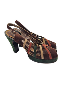1940s Rare Brown, Green, Cream and Tan Suede Platform Shoes