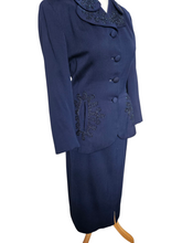 Load image into Gallery viewer, 1940s Navy Blue Gabardine Beaded Double Collar Suit
