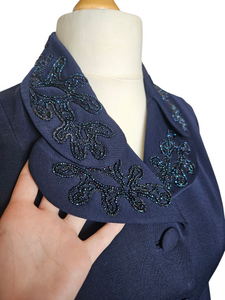 1940s Navy Blue Gabardine Beaded Double Collar Suit