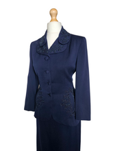 Load image into Gallery viewer, 1940s Navy Blue Gabardine Beaded Double Collar Suit
